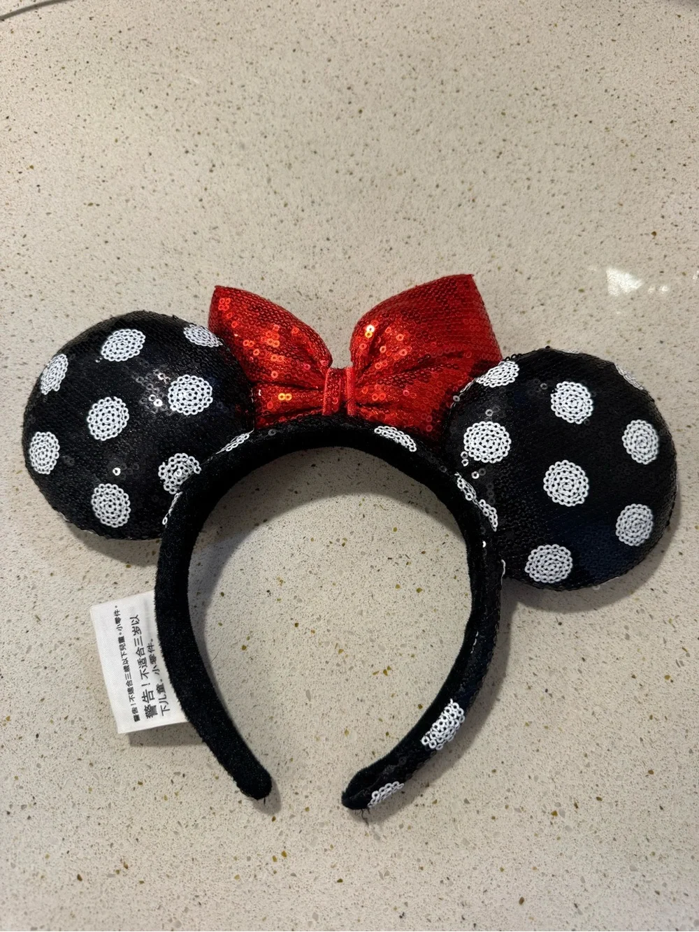 Loungefly Black Sequin Polka Dot Ear Headband with Red Bow